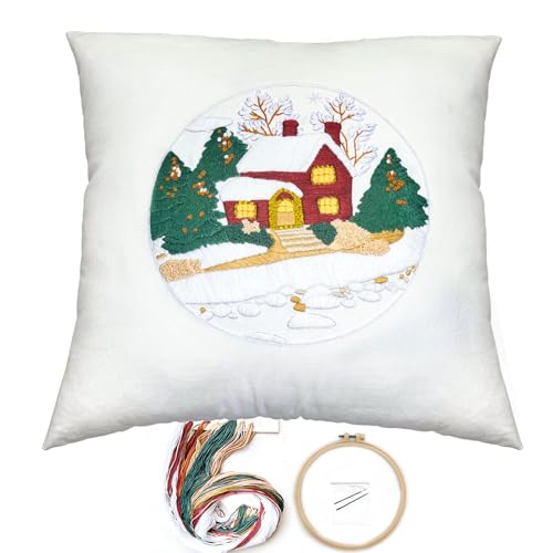 Image of FONNUY Christmas Embroidery Kit for Beginners, Throw Pillow Case Cross Stitch Set Winter Snow House Holly Tree Pattern for Adults, Hand Works Crafts Throw Pillow Cover, 18 x 18'' (White)