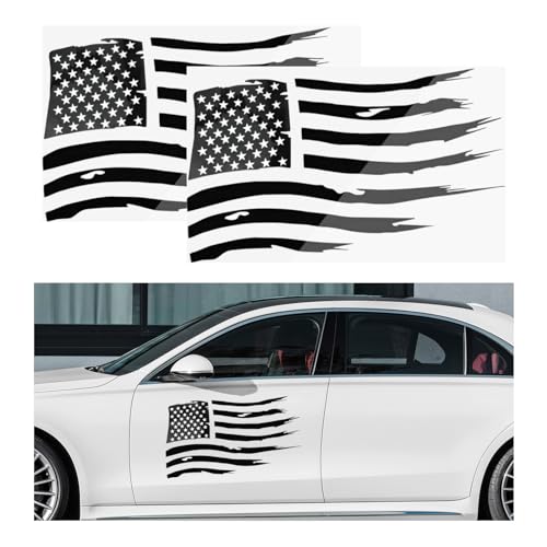 Image of Yourkar 2 PCS American Flag Sticker, 20x11 Inches USA Flag Car Patriotic Decals, US Flag Distressed Decal for Auto SUV Truck Hood Window Door Sides Windshield, Car Accessories (Black)