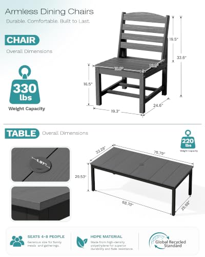 Image of SERWALL Outdoor Dining Set, 9 Piece HDPE Armless Dining Set, Gray