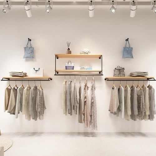 Adjustable Wall-Mounted Clothing Rack with Top Shelf, Metal Floating Garment Organizer, Retail Display Rack with Hanging Rod for Clothes Storage & Showcase