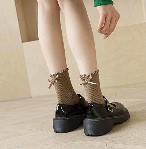Image of Womens Bow Socks Ruffle Casual Crew Black Whitte Soft Breathable Cotton 4 Pairs Socks