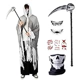 Parca Halloween Hombre Adulto- Muerte Disfraz Capa con Capucha Calavera Máscara Terror Guadaña Tatuajes, Grim Reaper Fantasma, Espeluznante Segador Disfraces Cosplay