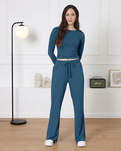 Image of ZOOSIXX Lounge Sets for Women - 2 Piece Outfits Crop Tops with Fold Over Flare Leggings Fall Loungewear Fitted Pajama
