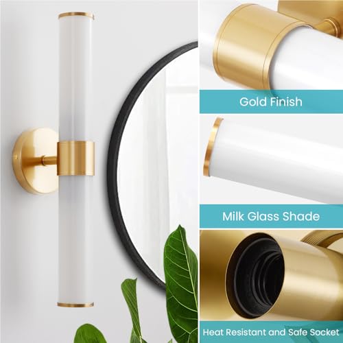 Image of Gold Bathroom Light Fixtures, Vanity Lights for Mirror with Milk Glass Shade, 20 Inch Up and Down Wall Sconces for Bathroom Bedroom Living Room Hallway - Bulb Not Included