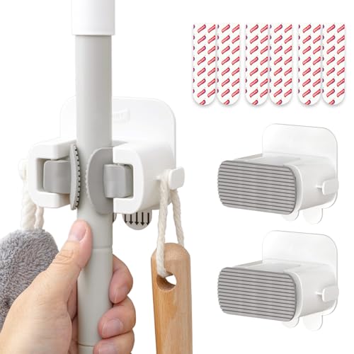 Image of TAILI Mop and Broom Holder Wall Mount Grippers, 3 Hangers and 8 Adhesive Strips, Damage Free Hanging Wall Mount, Household Cleaning Organizer for Organization and Storage, Holds up to 4 lbs, Grey