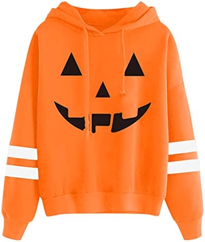 Halloween Womens Hoodies Jack-O-Lantern Graphic Striped Pullover Sweatshirts Long Sleeve Funny Tops 2XL