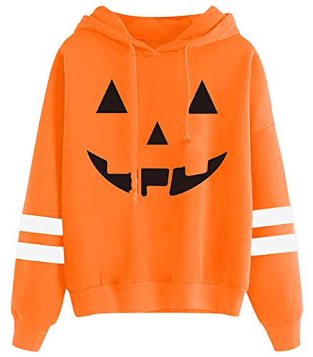 Halloween Womens Hoodies Jack-O-Lantern Graphic Striped Pullover Sweatshirts Long Sleeve Funny Tops 2Xl #TOP3