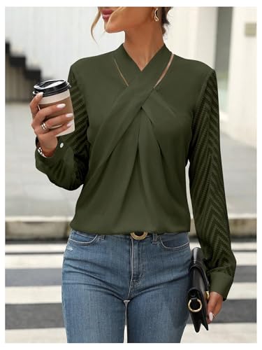 SweatyRocks Women's Mesh Long Sleeve Blouse Criss Cross Tie Neck Pullover Shirt Tops4