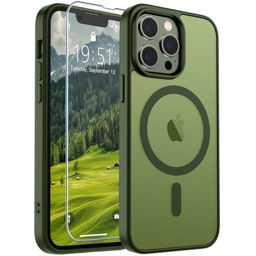 Image of SUPFINE Magnetic for iPhone 13 Pro Max Case (Compatible with MagSafe) (Military Grade Drop Protection) Slim Translucent Matte Shockproof with Anti-Fingerprint Phone Case,Cangling Green