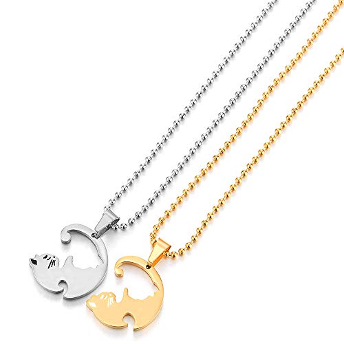 COOLSTEELANDBEYOND Pair Steel Matching Kitty Cat Friendship Pendant Necklace, Lovers Couples Friends4