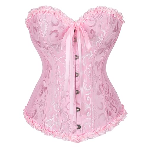 Moonight Corset Top Floral Renaissance Corset Womens Lace Up Boned Overbust Corset Bustier Pink M