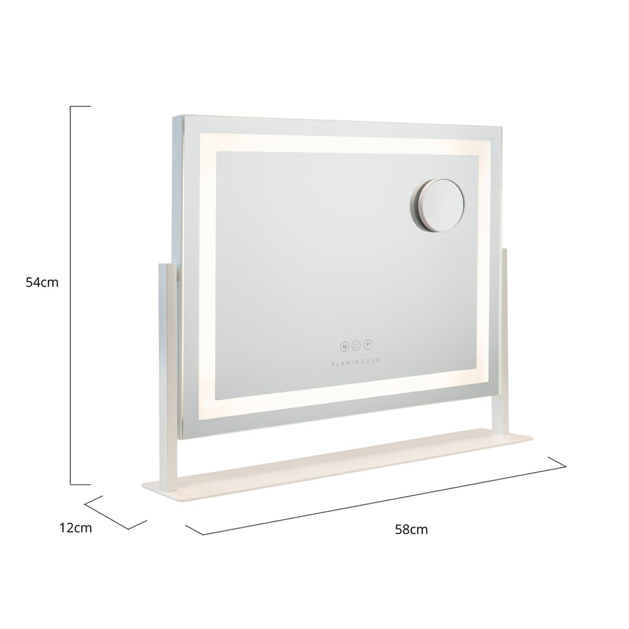 Flamingueo - Espejo Maquillaje con Luz - Banda LED - 3 Modos de Luz - Intensidad Ajustable - Control Táctil - Puerto USB - Espejo Aumento - Posición Regulable - Blanco - 64x12x54,5cm
