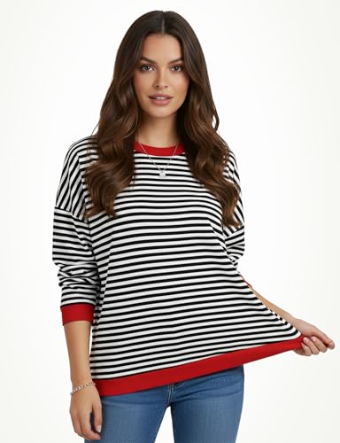 Image of Buauty Womens Long Sleeve Crewneck Knitted Striped Sweaters Casual Color Block Drop Shoulder Pullover 2025 Trendy Tops