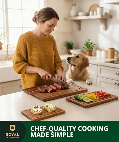 ROYAL CRAFT WOOD Acacia Wood Cutting Boards Set of 3 ā Premium Wooden Cutting Boards for Kitchen Meal Prep & Serving - Charcuterie & Chopping Butcher Block for Meat with Deep Juice Groove Side Handles - Image 3