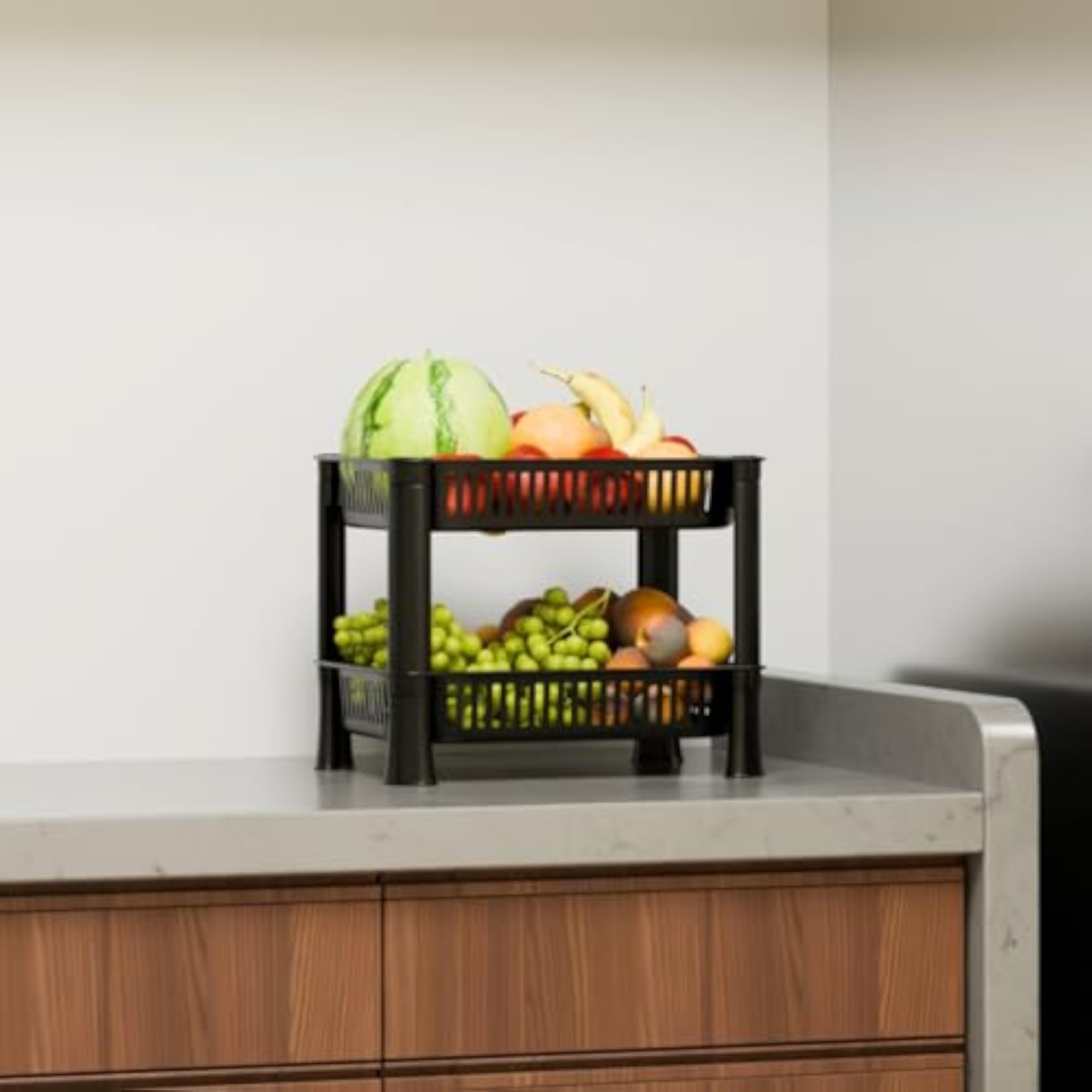 2 Layer Black Plastic Vegetable & Fruit Basket Organizer Stand