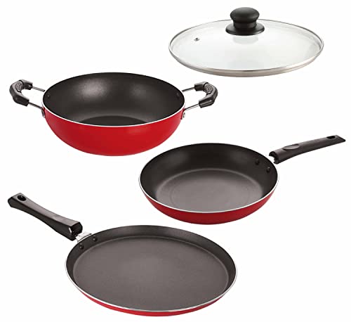 Image of Nirlon Non Stick Coated Chemical Free Healthy Kitchen Cooking Utensil Combo Set - 4 Pieces (Flat Tawa|Tapper Pan|Kadhai|1 Glass Lid)-32mm FT10 TP20 KD10 1GLID
