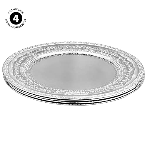 Koyal Wholesale Vintage Lace Charger Plates, Bulk French Style Decor, Ornate Charger Plates, Rustic Farm Table Decor (4, Metallic Silver) #TOP6