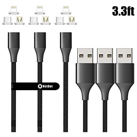 NetDot Gen10 3in1 Nylon Braided Magnetic Charging Cable Fast Charging and Data Transfer for Micro USB and USB C Android Smartphones and i-Product (3.3ft / 3 Pack, Black), 3.3 feet Cover