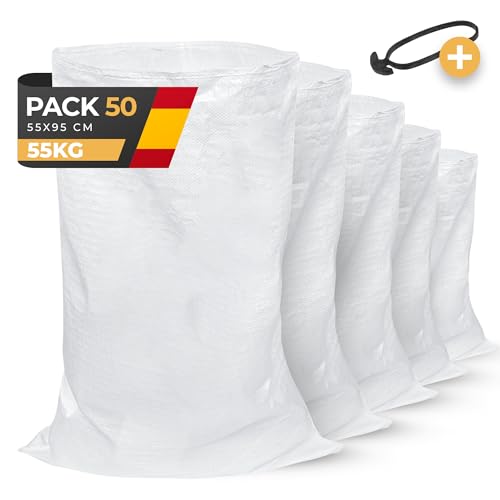 BIBODU Pack 50 Sacos para Escombros | 55 x 95cm - Muy Resistentes (55kg) & Reutilizables | Saco de Escombros perfectos para Arena, Tierra, Jardin, Construcción y Hojas