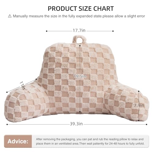 Image of Aimuan Reading Pillow Checkered Bed Rest Wedge Backrest Checkerboard Pillow with Arms Back Support for Sitting Up in Bed Cushion Incline Rest Sleeping Snoring Pillow (Beige,Large)
