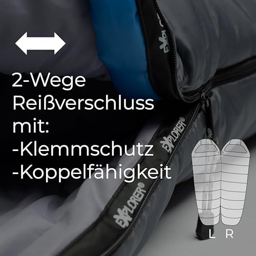 Bild 4 - EXPLORER® Comfort XL Schlafsack -23°C -5°C [350GSM] 3-4 Jahreszeiten Winter Mumienschlafsack für Erwachsene[1900g] 230x85x70cm kombinierbar, ideal für Outdoor, Camping, Trekking und Reisen