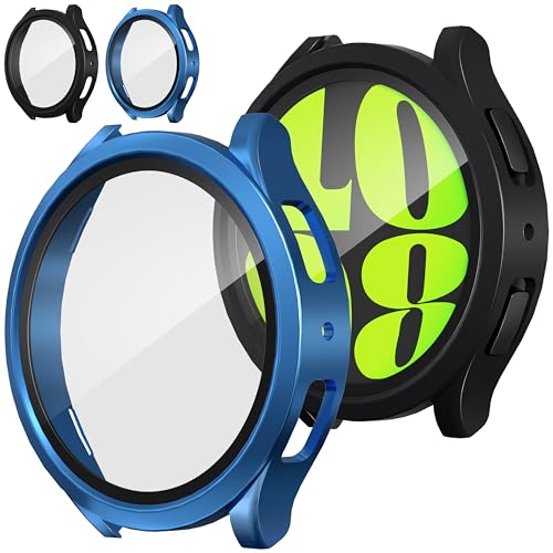 Suoman 2-Pack Waterproof Case for Samsung Galaxy Watch 6 44mm,[Privacy] Hard PC Bumper Tempered Glass Screen Protector Cover Case for Galaxy Watch 6 44mm -Black+Black