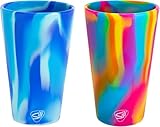 Silipint 16oz Silicone Pint Glass – Pack of 2 Unbreakable BPA-Free Reusable Silicone Drinking Cup – Dishwasher Microwave & Freezer Safe – Stemless Glass for Coffee Smoothies (Arctic Sky&Hippy Hop)