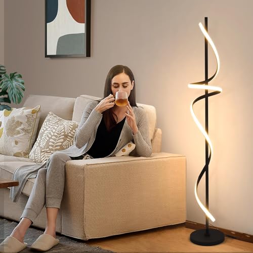 Image of Decor Chronicle Black Modern Floor Lamp, Spiral Rod Design with 3 LED Modes (Warm, Neutral, Cool), Elegant Standing Lamp for Bedroom, Living Room, or Home Interior