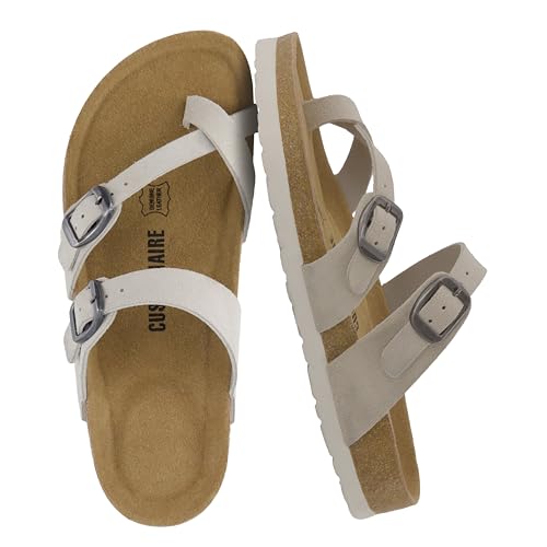 Image of CUSHIONAIRE Lucky 100% Genuine Leather Suede Womens Sandals, Comfortable Cork Footbed Slides for Women with Adjustable Buckles