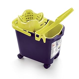 Mery - Cubo Strizzatore Automatico con Sistema a Molla, 4 Ruote Girevoli, e Canalizzazione per Lo Scolo, Adatto a Tutti i Mop, Viola e Giallo, 14 L