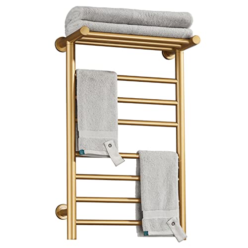 MYUYEE Calentador de Toallas Dorado toallero eléctrico de Pared de 7 Barras con Estante Superior toallero calefactado Inteligente de Fibra de Carbono de Acero,