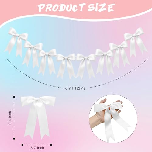 Image of 2 Strings of 16PCS White Bow Garlands Banner Decoration,Pre-Strung Satin Ribbon Ornaments for Birthday,Bachelorette Party,Bridal Shower,Wedding,Engagement,Baby Shower, Graduation Decor,Anniversary