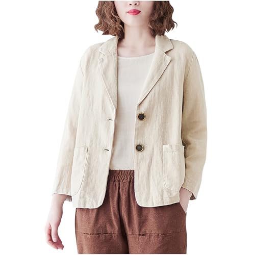 Women Casual Cotton Linen Work Blazer Coat, 3/4 Sleeve Lapel Button Business Jacket Lightweight Loose Office Blazers