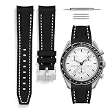 HORACE Cinturino universale per orologio in silicone liquido 20mm – Compatibile Omega x Swatch MoonSwatch – Kit di montaggio incluso (Nero/Cucitura Bianca – Argento)