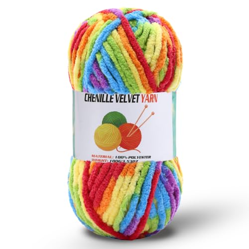 Image of 1 * 100g /3.5oz Fluffy Chenille Yarn for Crocheting, Chunky Velvet Yarn for Crochet Amigurumi, Used for Making Baby Yarns Blanket, Clothes, Pattern Knitting Creations (1- Bright Rainbow)