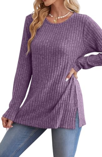 Image of Jescakoo Long Sleeve Shirts for Women Crew Neck Fall Tops Side Split Lightweight Tunic Sweaters Fashion Clothes 2025 S-4XL