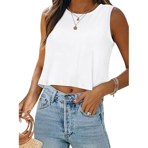 Crop Tops for Women Tank Summer Casual Sleeveless Loose Fit Basic Shirts, Solid White, S Cover