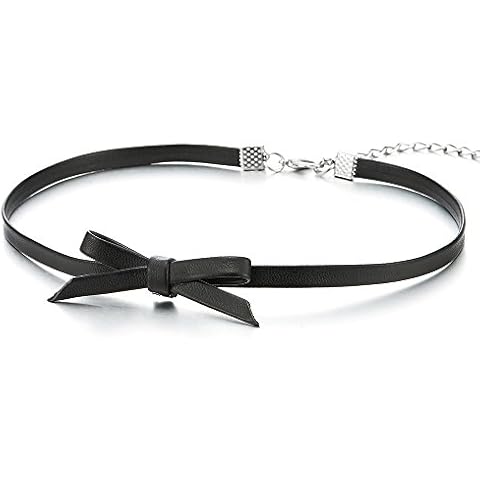 COOLSTEELANDBEYOND Ladies Black Leather Bow Choker Necklace Cover