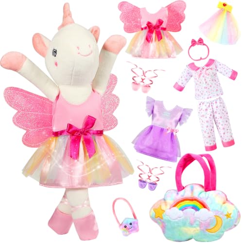 HUITEM Unicorn Toys for Girls Age 4-6 Ballerina Doll Stuffed Animal with 3 Set Clothes Plush Bag Accessories 16 inch Unicorn Doll Toys Birthday Gift for 3 4 5 6 Year Old Little Girls