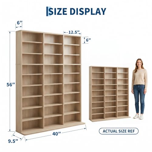 Image of Garvee 9 Tier Tall CD Display Cabinet, 27-Compartment Media Tower, Natural