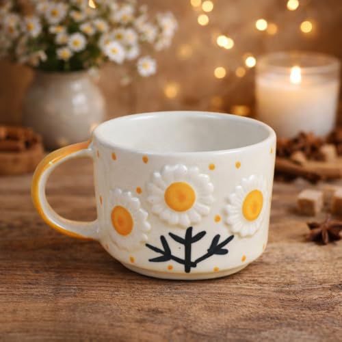 Image of Hoomi | Floral Daisy Design Sunflower Ceramic Coffee Mug Set of 2, Aesthetic Tea & Coffee Cups, Glossy Finish, Microwave & Dishwasher Safe, Bone Ash Free Drinkware for Home & Office