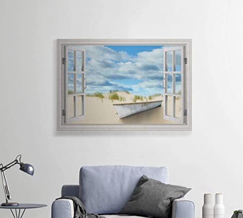 Renditions Gallery Canvas Wall Art Window View Of Abondoned Rustic Boat On Sandy Beach Wall Hanging Artwork For Living Room Office Kitchen Decor - 18"X27" Lt04 #TOP4