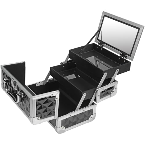 SHANY Chic Makeup Train Case Cosmetic Box Portable Makeup Case Cosmetics Beauty Organizer Jewelry storage with Locks, Multi trays Makeup Storage Box with Makeup Mirror - Black