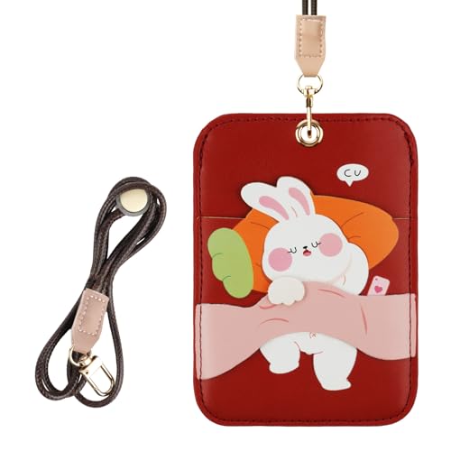 AXFEE Lanyard with Card Holder, Cute Creative PU Leather Keychain, Portable Cartoon Rabbit Protector with Detachable Lanyard