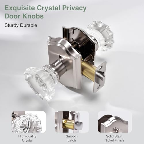 Crystal Door Knobs, Stain Nickel Glass Door Knobs Interior Rose Shape with Lock Privacy Function, Vintage Antique for Bedroom Bathroom