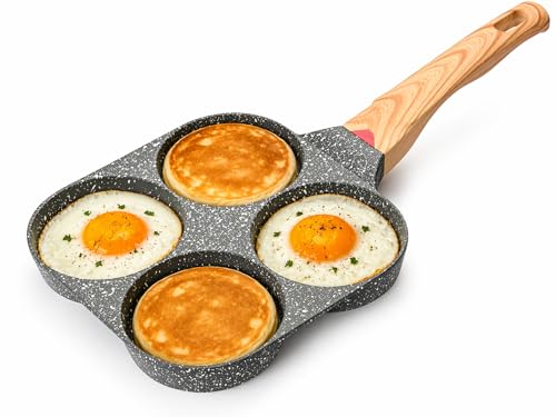 SKY-TOUCH 4 Cup Egg Pan Non-Stick Frukost Pan 4 Hole Round Fry Pan Common for IBreakfast Sandwich Hamburger Pancake Granite Skillet Omelette Pan 19x35cm Black