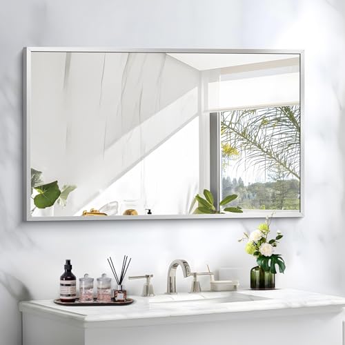 Image of COFENY Silver Bathroom Mirror for Wall, 30x48 Inch Rectangle Mirrors with Metal Frame, Modern Vanity Wall Mirror Decor for Bathroom Living Room, Entryway Hangs Horizontal or Vertical