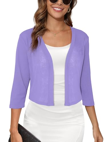 Image of Women's 3 /4 Sleeve Thin Shrugs Lightweight Open Front Cropped Sheer Cardigans for Summer