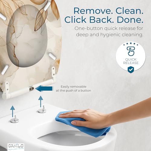 Image of Sanilo Wooden Toilet Seat with Quick Release & Soft Close [ROUND] - Decorative & Slow Close Molded Wood Seat - With One Click for Easy Installation & Cleaning - With Adjustable Fit (Faylora)