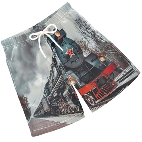Pigsaly Boys' Swim Board Shorts 3D Old Black Soviet Steam Train Boy's Swim Trunks Kids Swimwear M